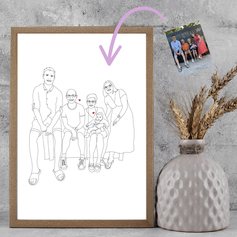 Affiche famille personnalisée avec un dessin en noir et blanc d'après ta plus belle photo.