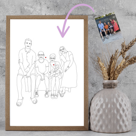 Affiche famille personnalisée avec un dessin en noir et blanc d'après ta plus belle photo.