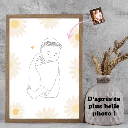 Affiche avec illustration bébé d'après photo et marguerites