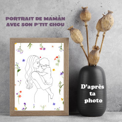 Affiche maman avec son bébé entourés de fleurs