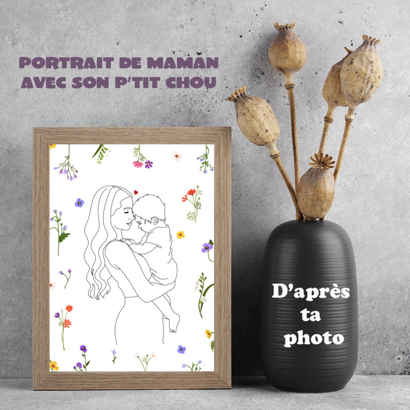 Affiche maman avec son bébé entourés de fleurs