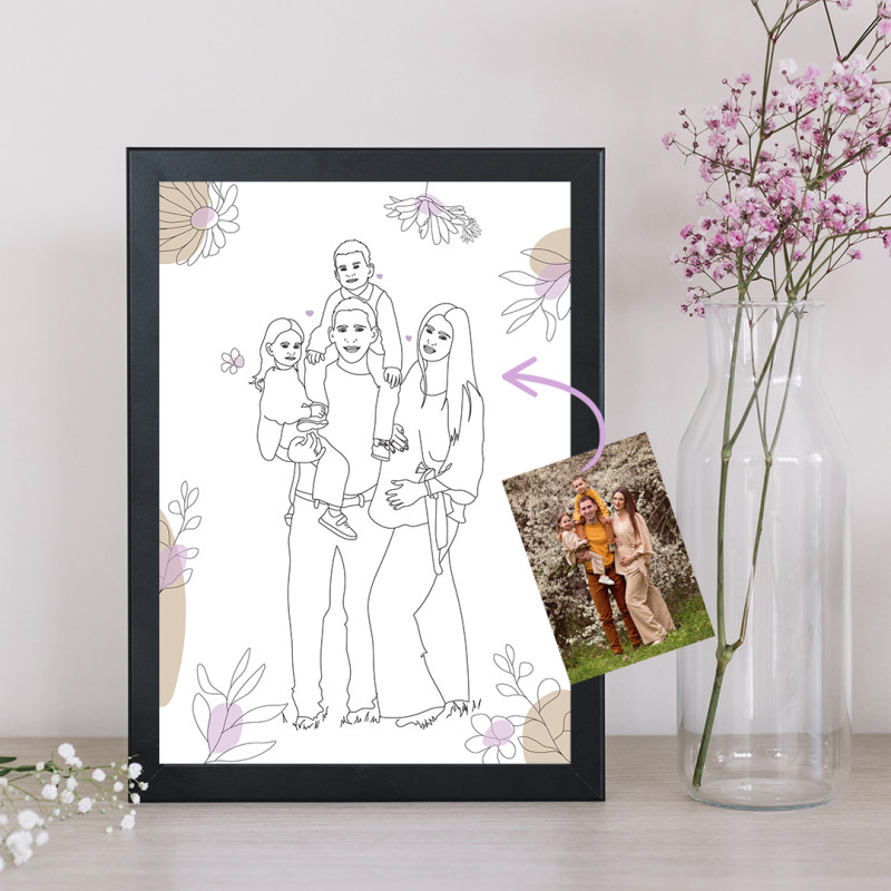 Portrait de famille personnalisé avec des fleurs à partir d'une photo.
