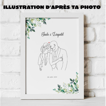 Affiche avec illustration line art personnalisée d'après photo avec ornement floral
