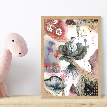 Affiche bébé personnalisée dans un décor poétique dessinée à la main